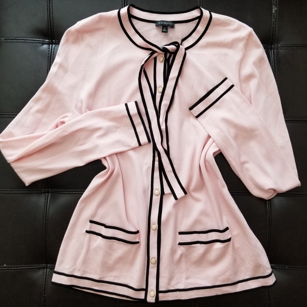 ❗Talbots Baby Pink Tipped Bow Trim Cardigan Small❗